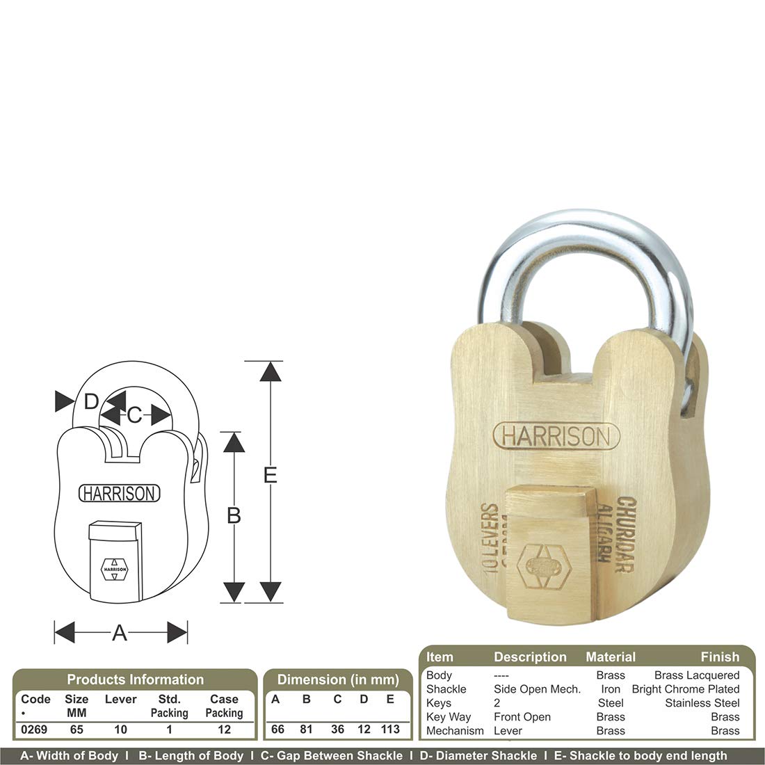 Harrison (C-0269) 65mm Churidar Premium Brass Square Padlock - 2 Keys