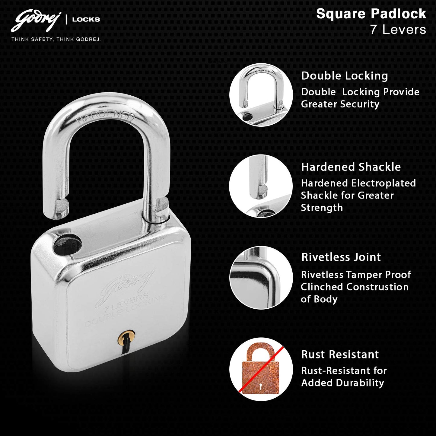 Godrej (C-8153) 60mm 7 Levers Square Padlock - 4 Keys