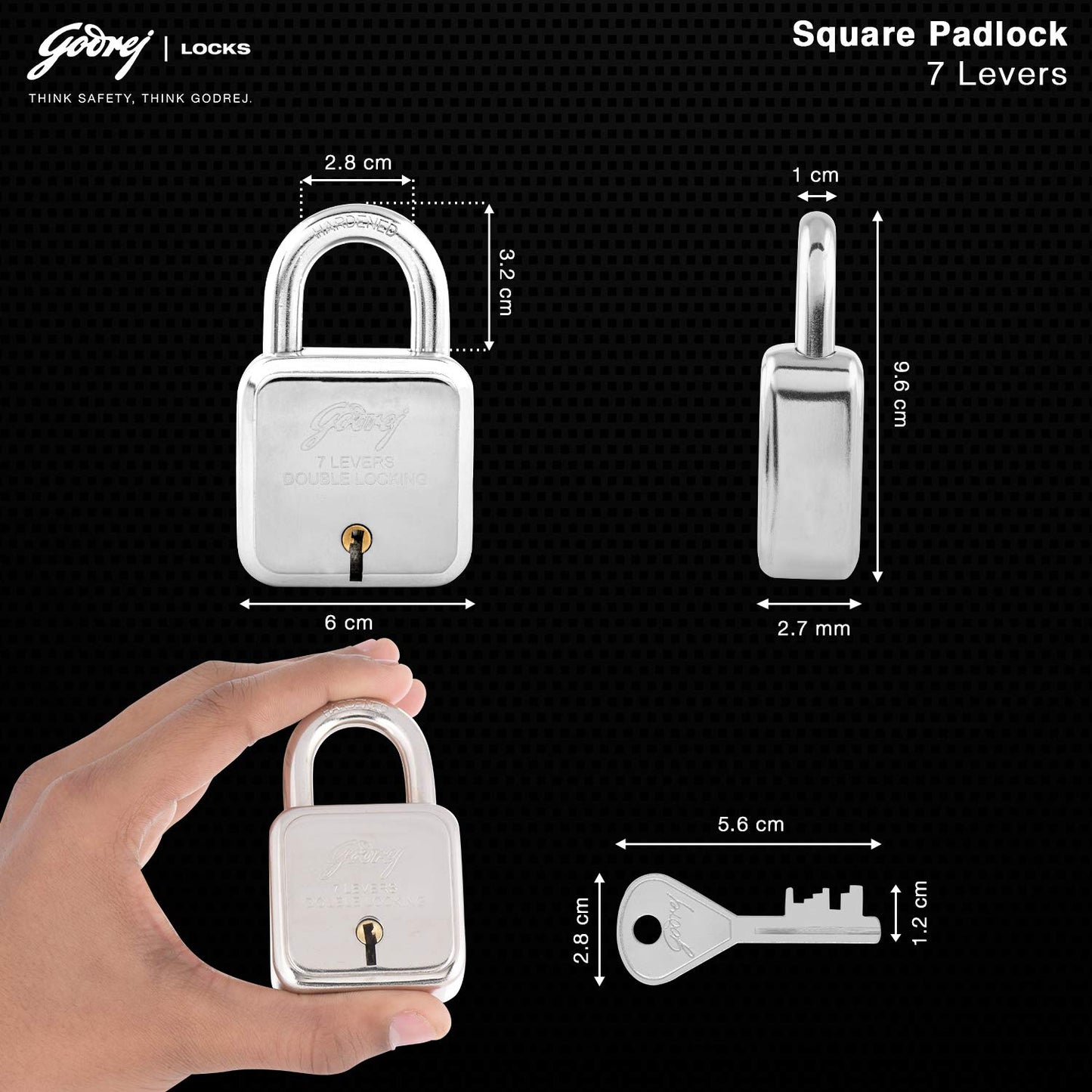 Godrej (C-8153) 60mm 7 Levers Square Padlock - 4 Keys